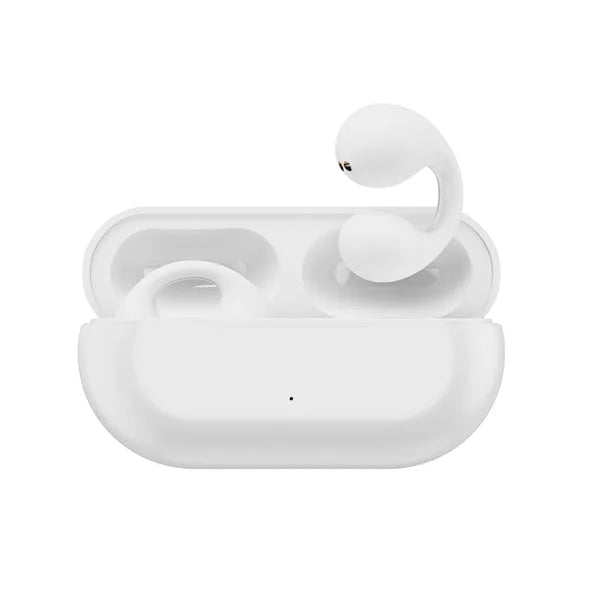 "Cuffie a conduzione ossea wireless nere, design leggero, suono alta qualità, ideale per sport e quotidiano."