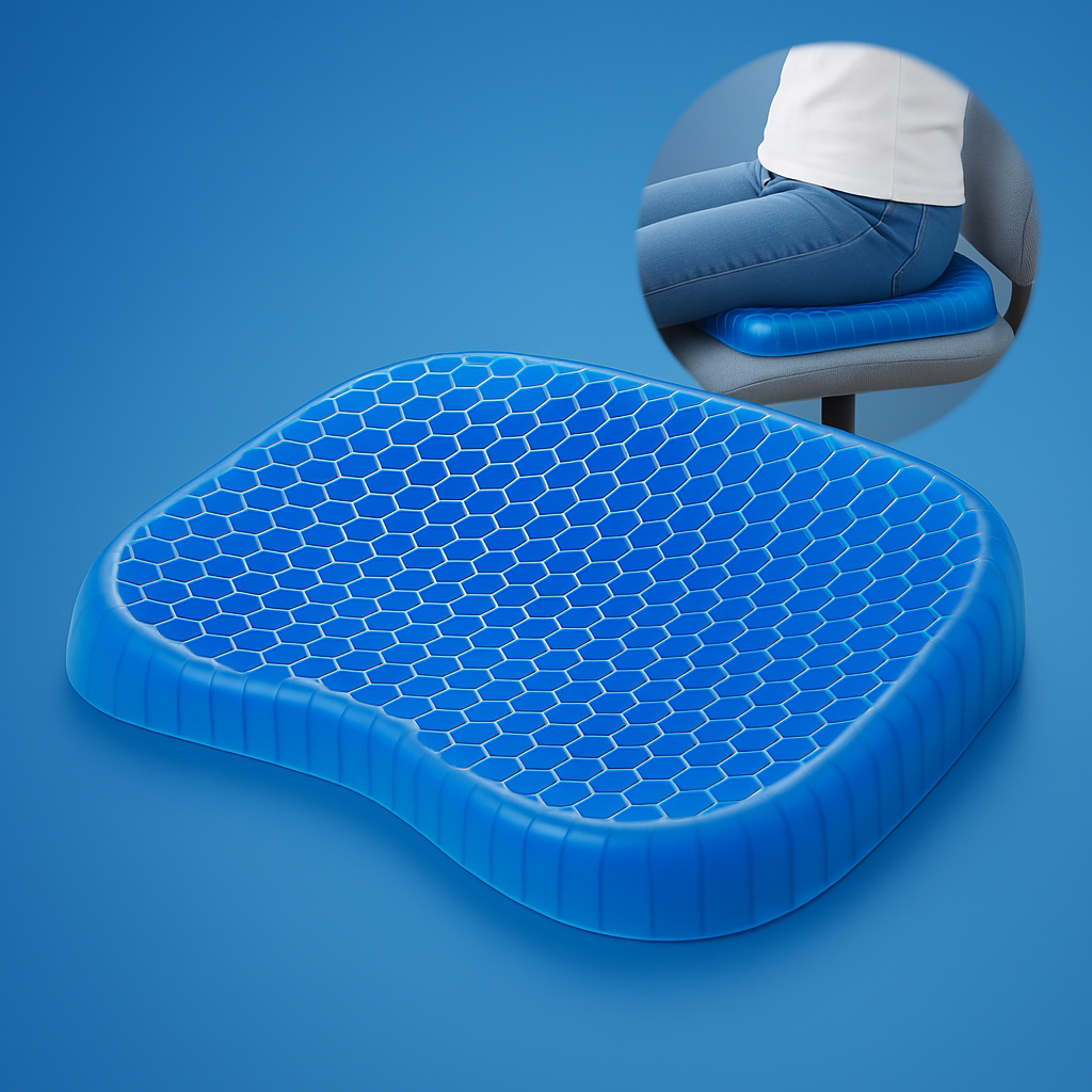 Cuscino ortopedico ComfortGel blu, gel interno, supporto schiena e coccige, perfetto per sedie ufficio e auto.