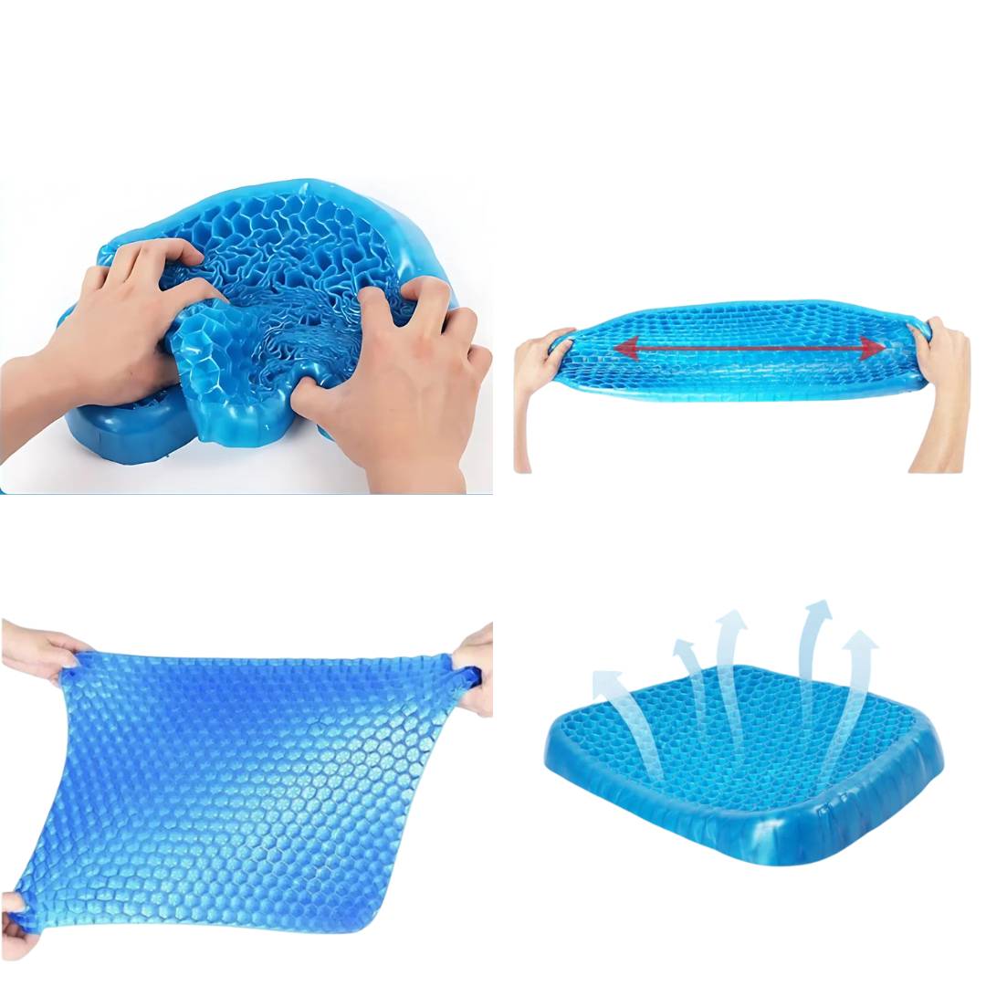 Cuscino ortopedico ComfortGel blu, gel interno, supporto schiena e coccige, perfetto per sedie ufficio e auto.