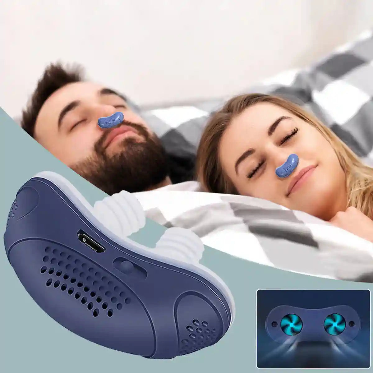 "Dispositivo CPAP compatto per apnea notturna, blu, senza maschera, design ergonomico per naso, migliora il sonno."