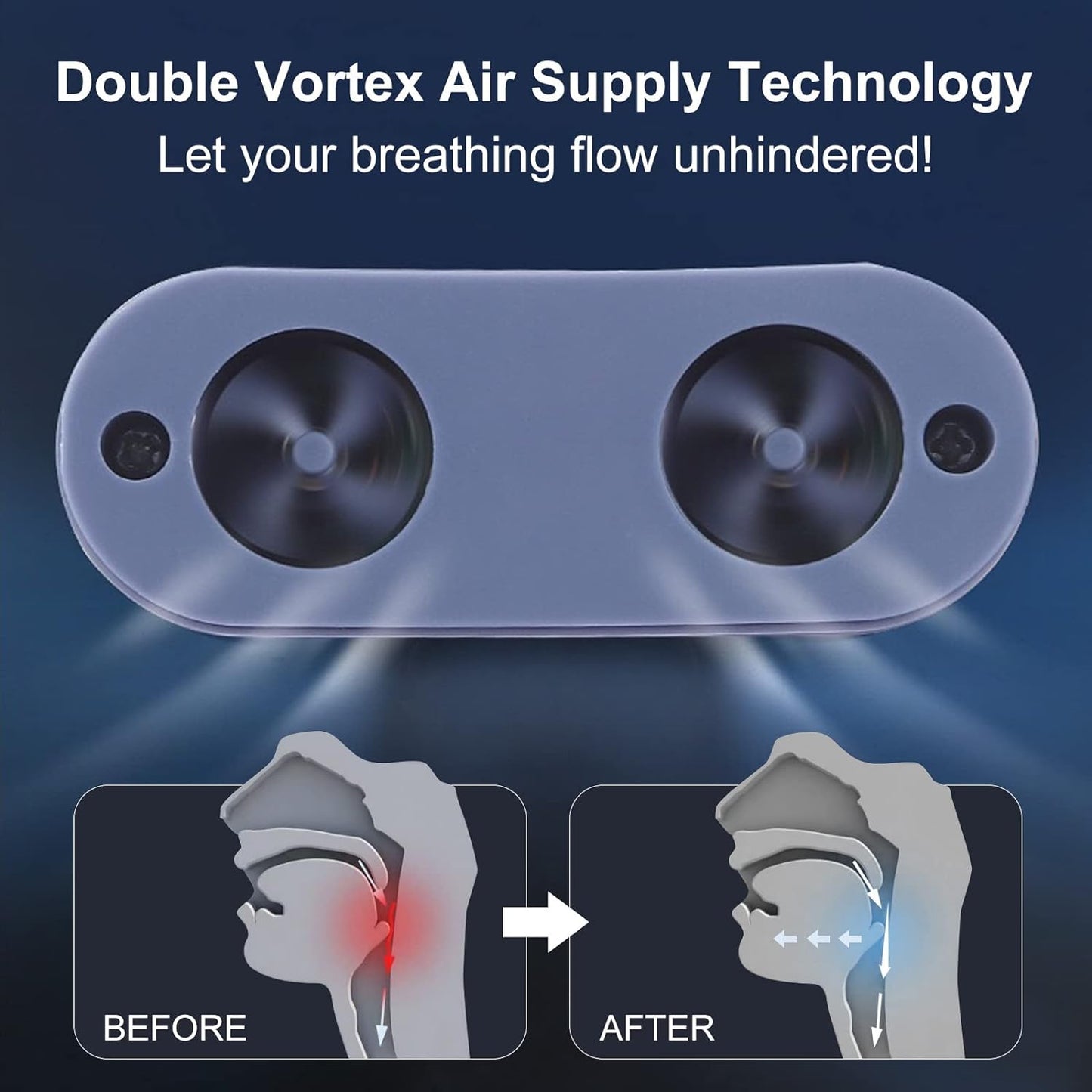 "Dispositivo CPAP compatto per apnea notturna, blu, senza maschera, design ergonomico per naso, migliora il sonno."