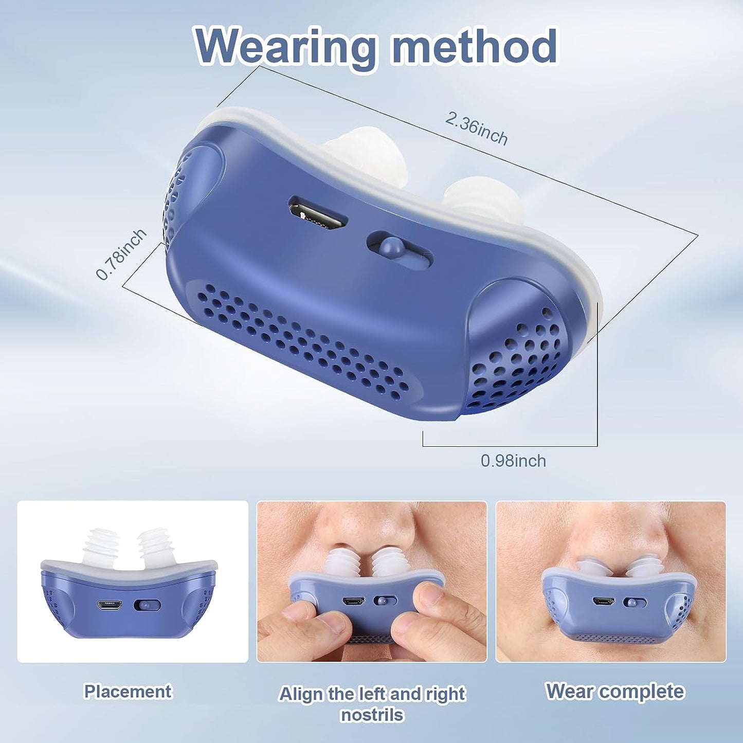 "Dispositivo CPAP compatto per apnea notturna, blu, senza maschera, design ergonomico per naso, migliora il sonno."