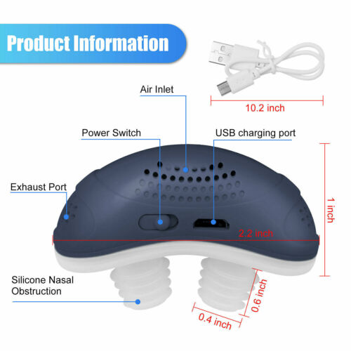 "Dispositivo CPAP compatto per apnea notturna, blu, senza maschera, design ergonomico per naso, migliora il sonno."