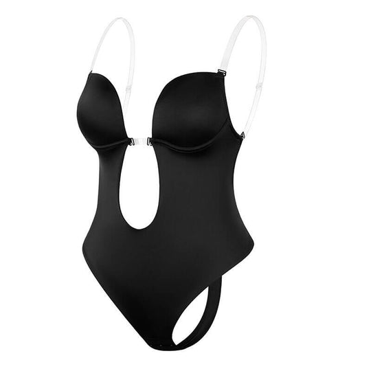 "Elegante lingerie nera in pizzo, con dettagli floreali e design senza schienale, per un look seducente e raffinato."