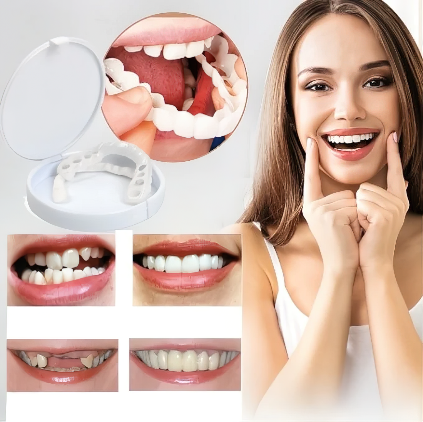 "Faccette dentali unisex clip-on con finitura bianca naturale, aspetto realistico e vestibilità confortevole per sorrisi perf