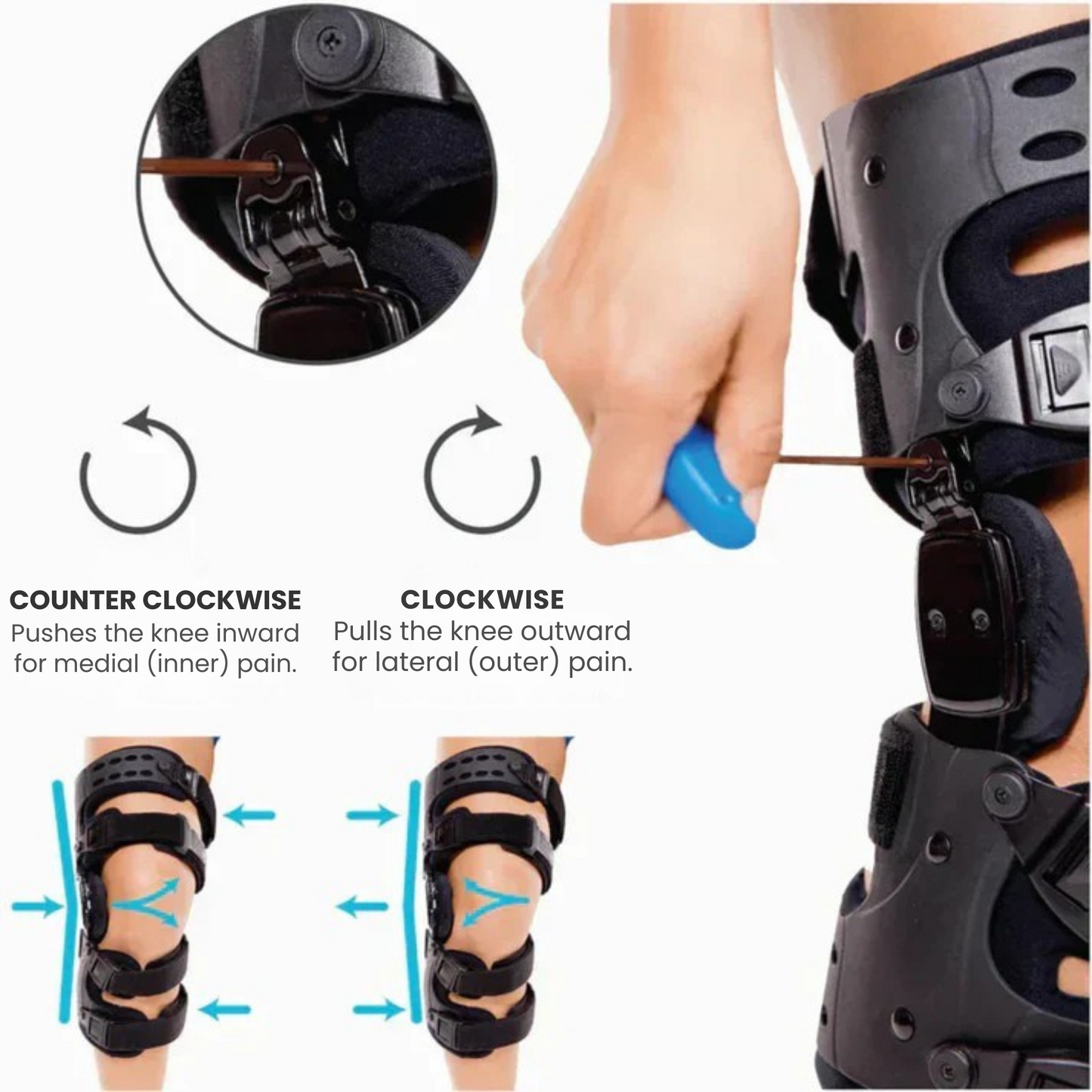 "Fascia ginocchio regolabile nera con chiusure veloci, design moderno per stabilità e sollievo dal dolore articolare."
