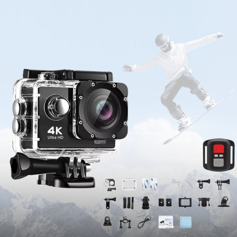 "Fotocamera sportiva 4K Ultra HD impermeabile, WiFi, obiettivo grandangolare, ideale per avventure all'aperto e immersioni."