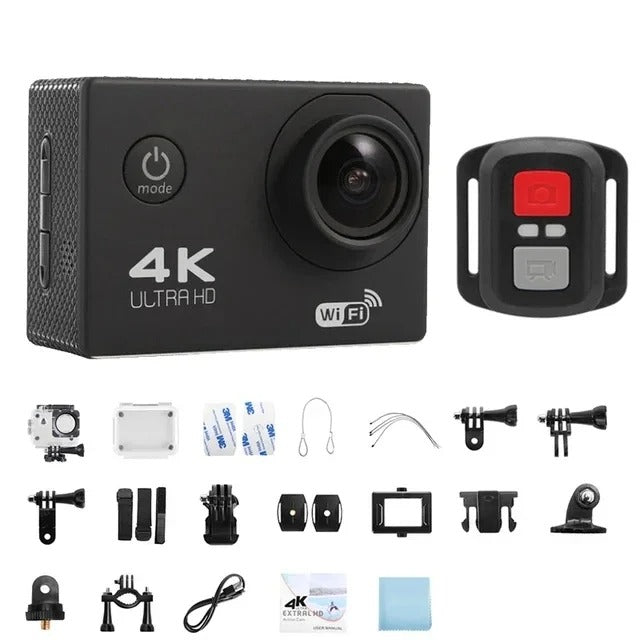 "Fotocamera sportiva 4K Ultra HD impermeabile, WiFi, obiettivo grandangolare, ideale per avventure all'aperto e immersioni."