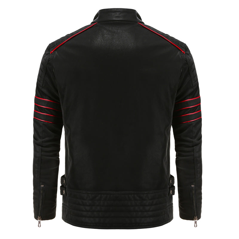 "Giacca da motociclista in pelle nero con strisce rosse, elegante colletto rialzato, offre stile e protezione su strada"