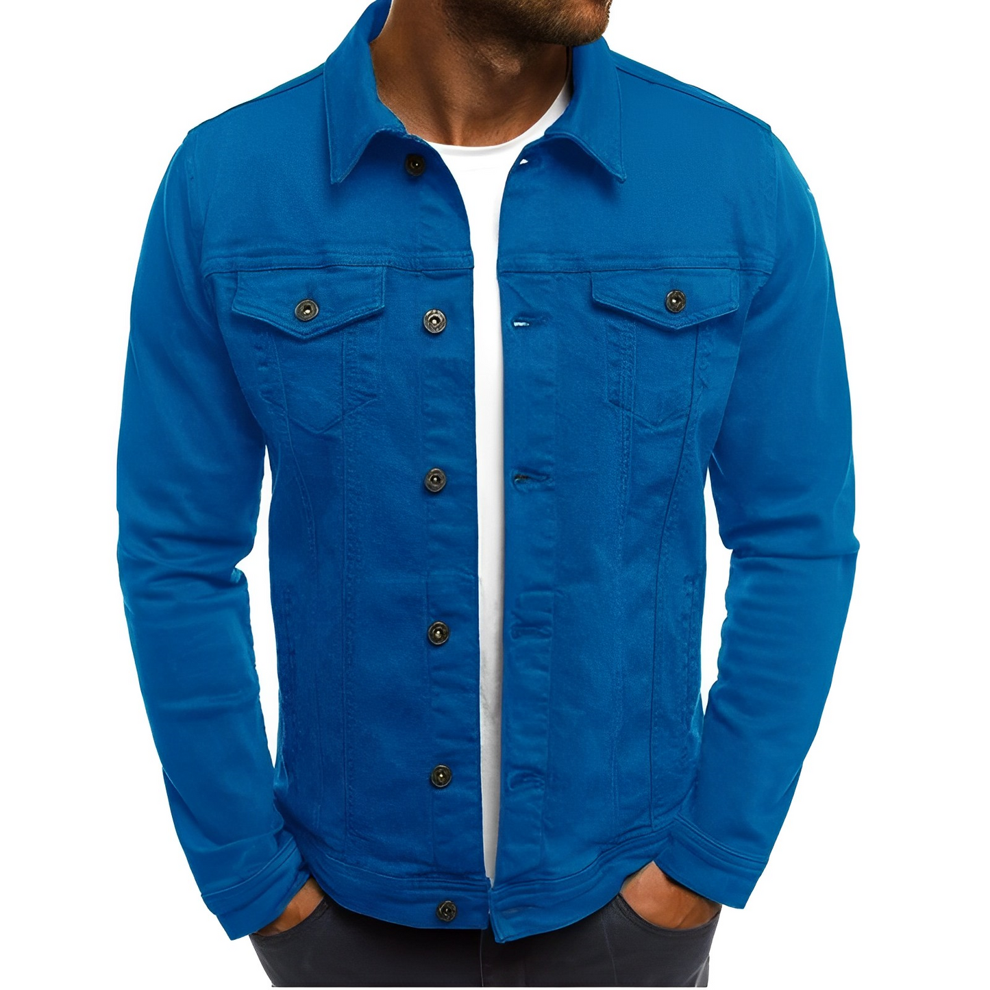 Giacca in denim da uomo con multi-tasche, design classico e abbottonatura frontale, ideale per serate estive fresche.