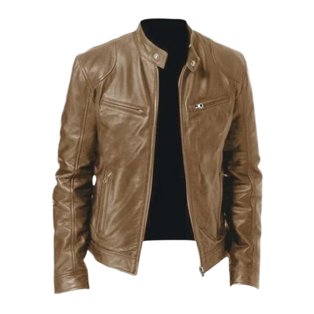 "Giacca in pelle uomo elegante, cerniera, tasche, perfetta per autunno/inverno, design classico, taglio regolare"