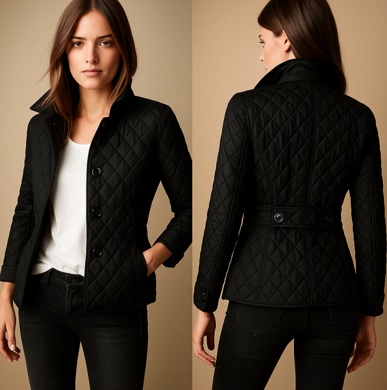 "Giacca invernale donna in seta e cotone, design elegante, colore neutro, calda e accogliente per l'inverno."
