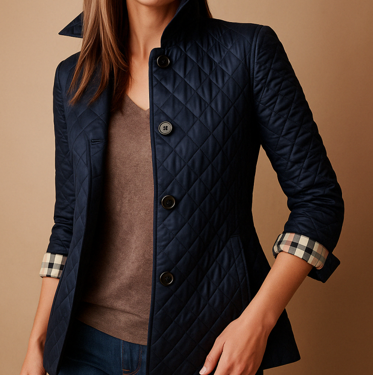 "Giacca invernale donna in seta e cotone, design elegante, colore neutro, calda e accogliente per l'inverno."