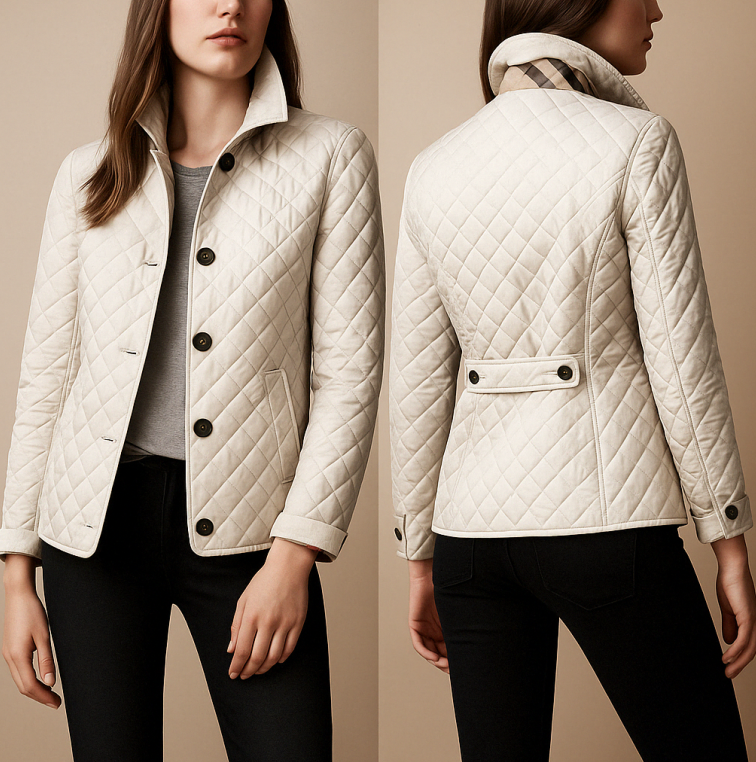 "Giacca invernale donna in seta e cotone, design elegante, colore neutro, calda e accogliente per l'inverno."