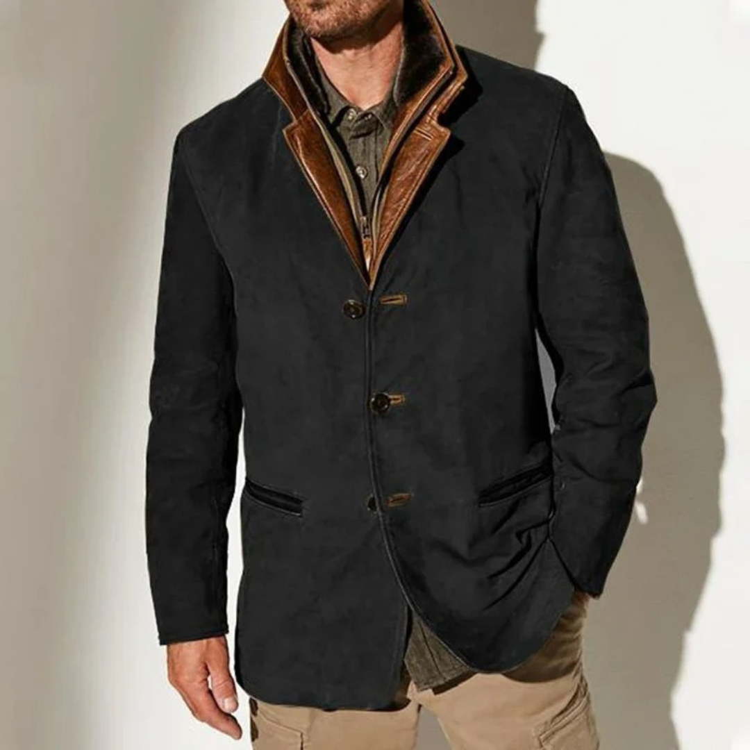 "Giacca uomo vintage elegante in tessuto invernale, design classico, colori sobri e tessuto resistente."