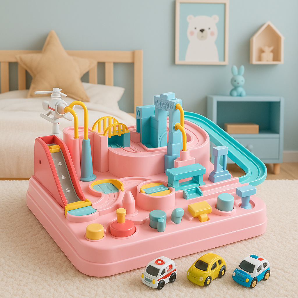 Giocattolo interattivo per bambini, set di piste regolabili e 4 macchine in colori brillanti, stimola creatività e apprendime