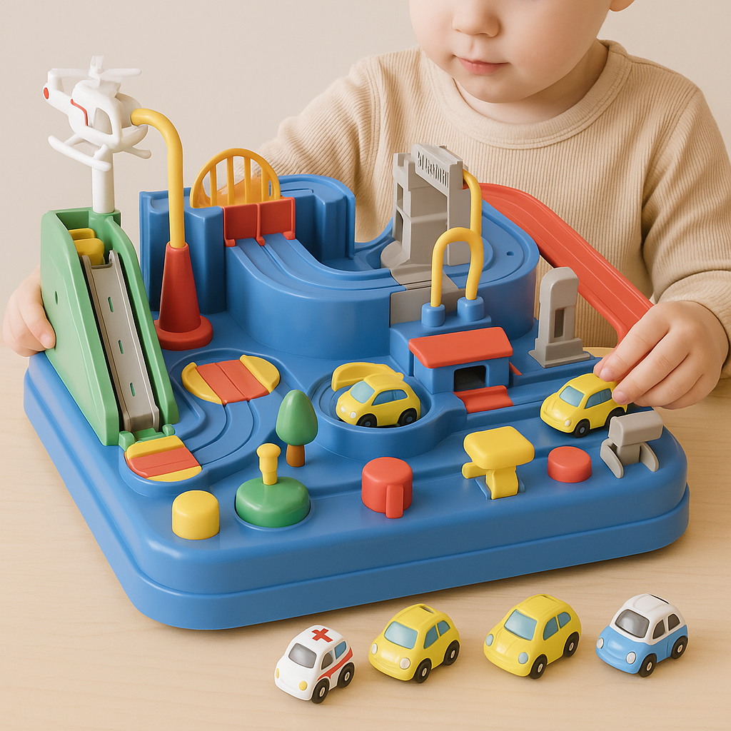Giocattolo interattivo per bambini, set di piste regolabili e 4 macchine in colori brillanti, stimola creatività e apprendime