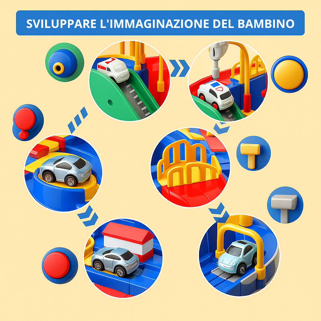 Giocattolo interattivo per bambini, set di piste regolabili e 4 macchine in colori brillanti, stimola creatività e apprendime