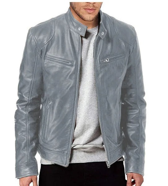 "Giubbotto di pelle uomo nero, stile elegante, con cerniera e tasche, ideale per look casual e formali, in vari colori."