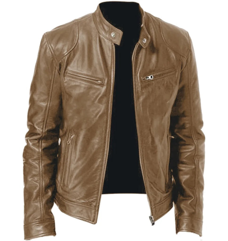 "Giubbotto di pelle uomo nero, stile elegante, con cerniera e tasche, ideale per look casual e formali, in vari colori."