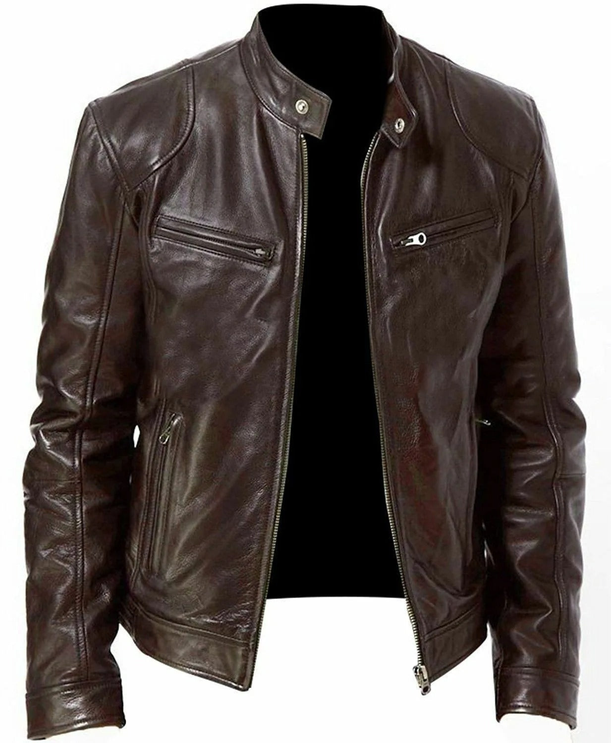 "Giubbotto di pelle uomo nero, stile elegante, con cerniera e tasche, ideale per look casual e formali, in vari colori."