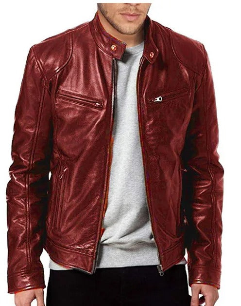 "Giubbotto di pelle uomo nero, stile elegante, con cerniera e tasche, ideale per look casual e formali, in vari colori."