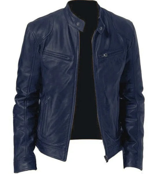 "Giubbotto di pelle uomo nero, stile elegante, con cerniera e tasche, ideale per look casual e formali, in vari colori."