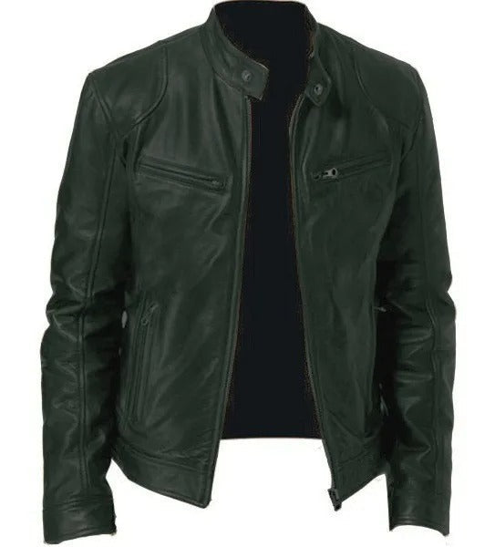 "Giubbotto di pelle uomo nero, stile elegante, con cerniera e tasche, ideale per look casual e formali, in vari colori."