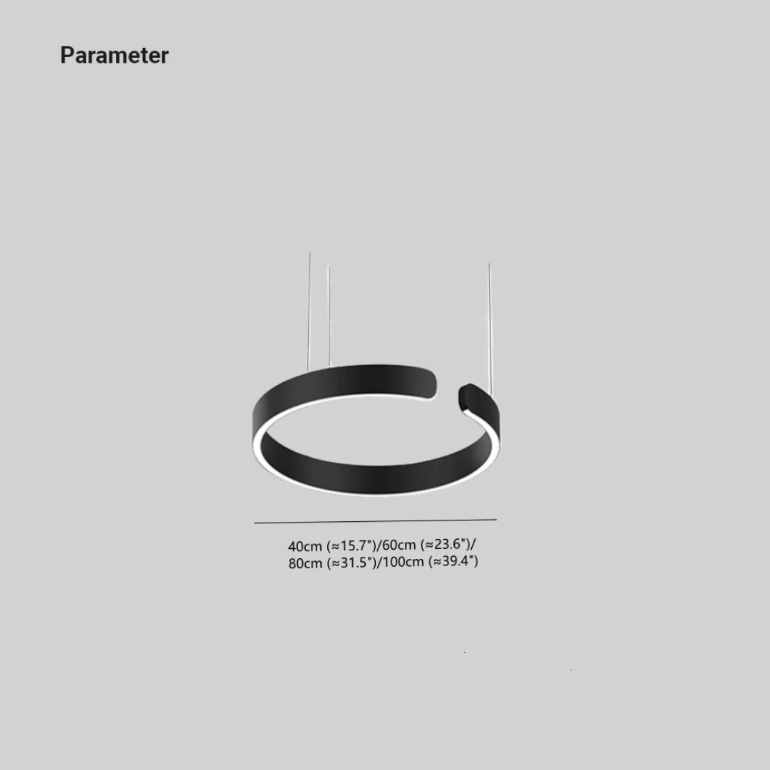 "Lampada a sospensione LED circolare moderna, design elegante, montaggio a soffitto, finitura oro, bianco, nero e oro rosa."
