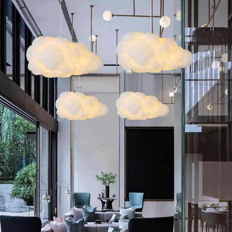 "Lampada a sospensione nuvola bianca moderna, luce soffusa, design elegante per interni contemporanei."