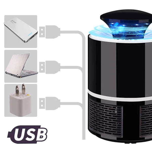 "Lampada antizanzare con luce blu e ventilatore silenzioso, design compatto e moderno, ideale per esterno."