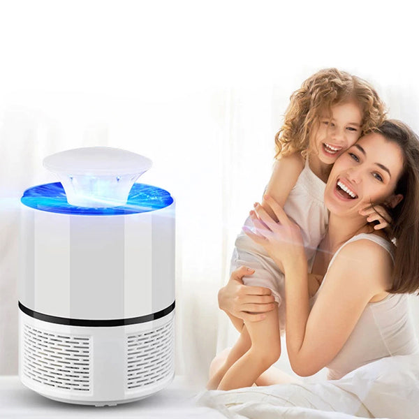 "Lampada antizanzare con luce blu e ventilatore silenzioso, design compatto e moderno, ideale per esterno."