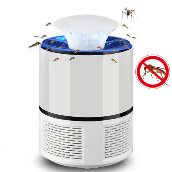 "Lampada antizanzare con luce blu e ventilatore silenzioso, design compatto e moderno, ideale per esterno."