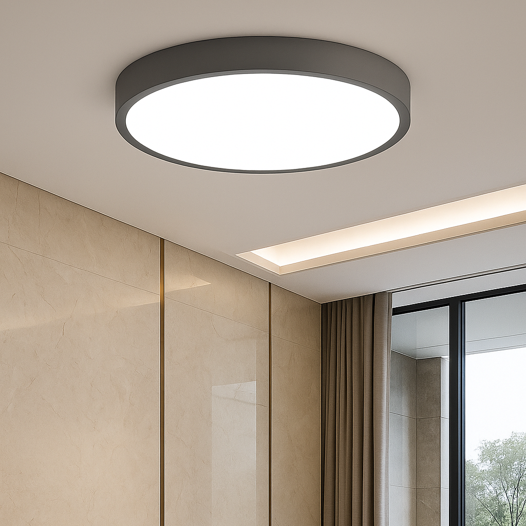 "Lampada da soffitto LED rosa e grigio, design moderno, illumina spazi interni con eleganza e tecnologia efficiente."