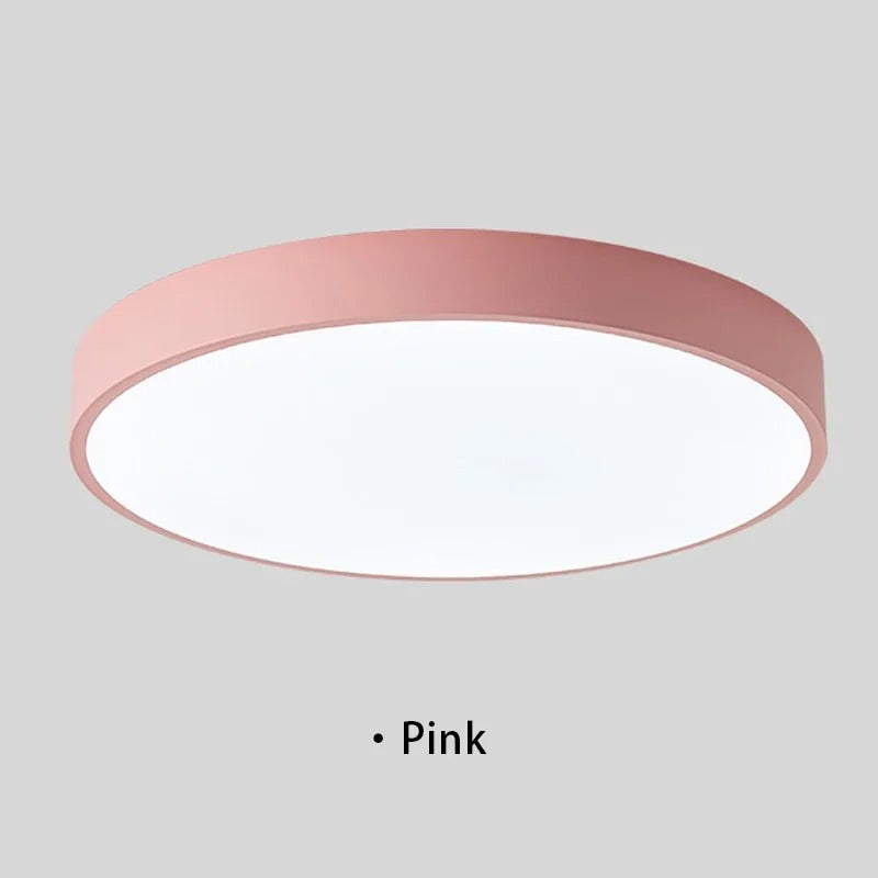 "Lampada da soffitto LED rosa e grigio, design moderno, illumina spazi interni con eleganza e tecnologia efficiente."