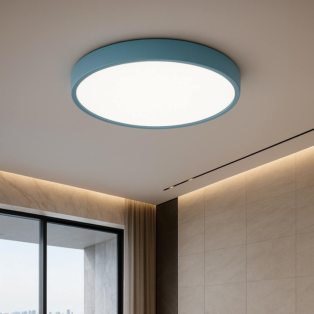 "Lampada da soffitto LED rosa e grigio, design moderno, illumina spazi interni con eleganza e tecnologia efficiente."