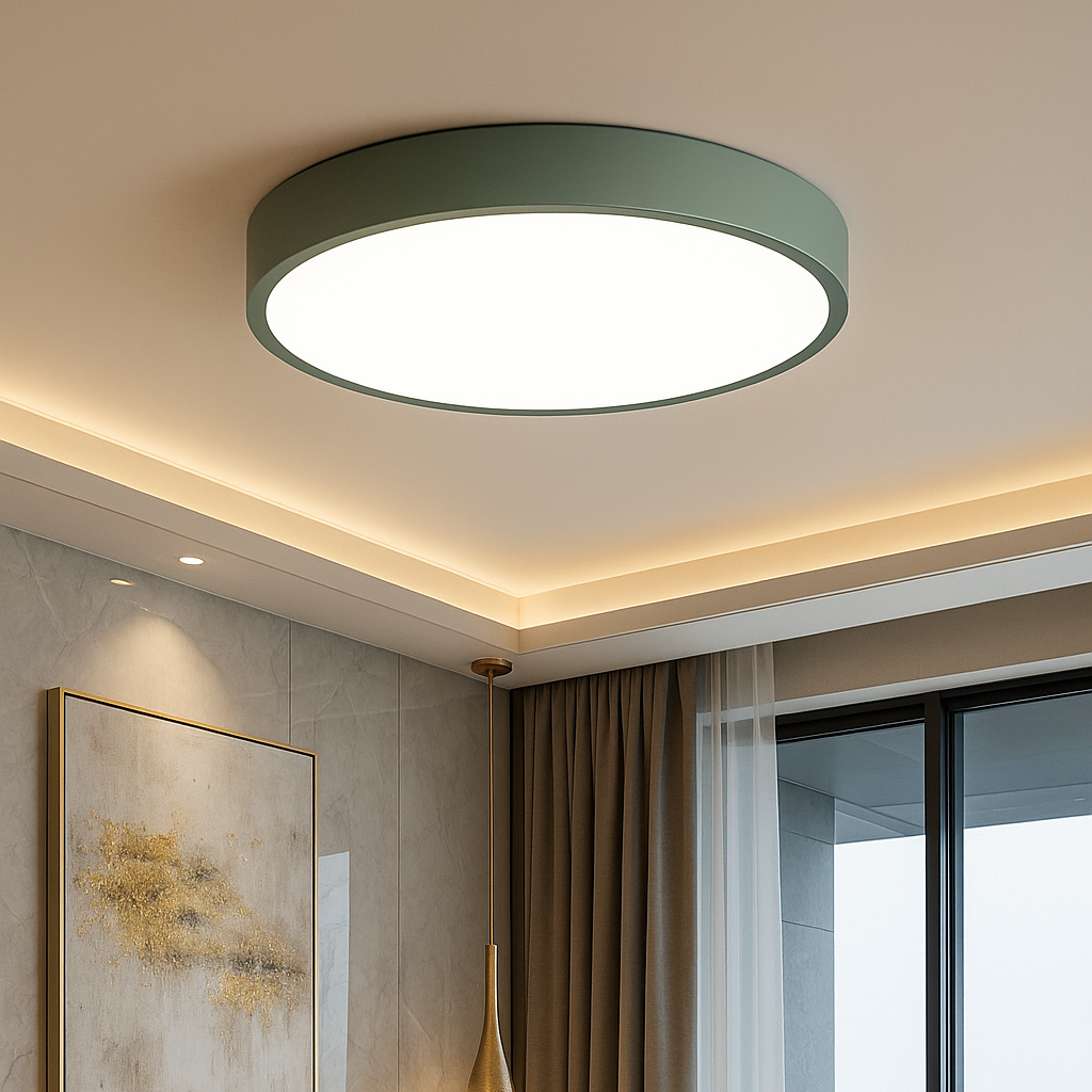 "Lampada da soffitto LED rosa e grigio, design moderno, illumina spazi interni con eleganza e tecnologia efficiente."