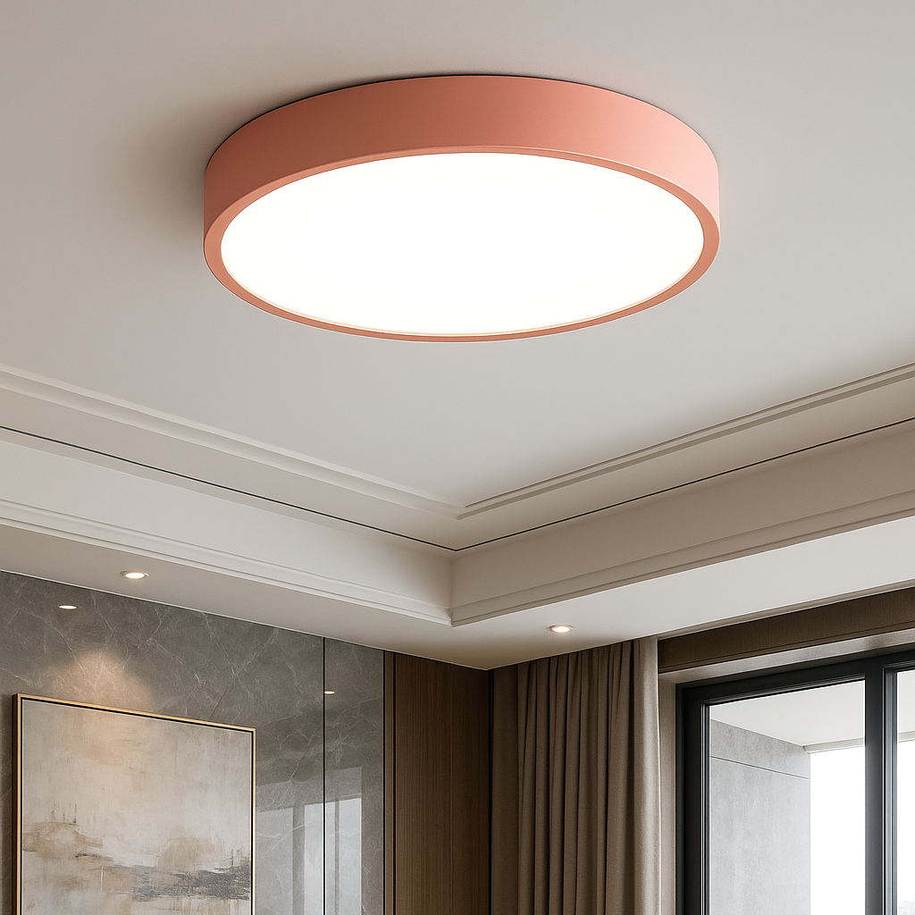 "Lampada da soffitto LED rosa e grigio, design moderno, illumina spazi interni con eleganza e tecnologia efficiente."