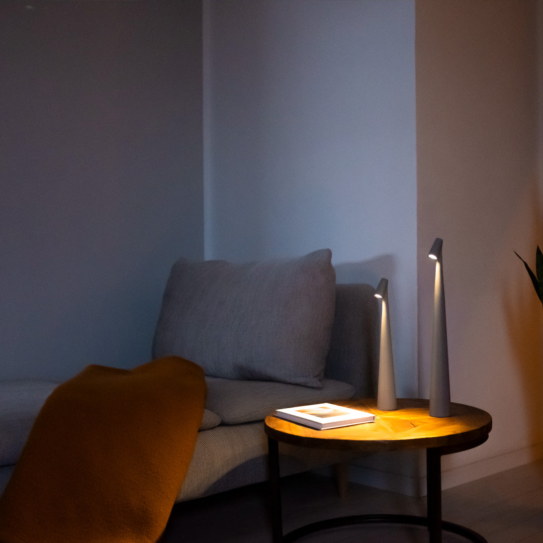 "Lampada da tavolo moderna ricaricabile, struttura snella in metallo, luce LED regolabile, colori: nero, marrone, grigio, ros