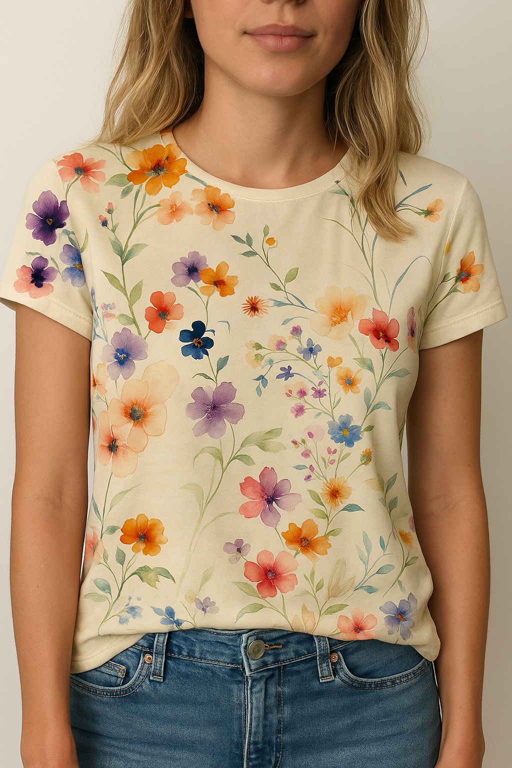 Maglietta donna vintage floreale con scollo rotondo, maniche corte e stampa classica, ideale per un look elegante e casual.
