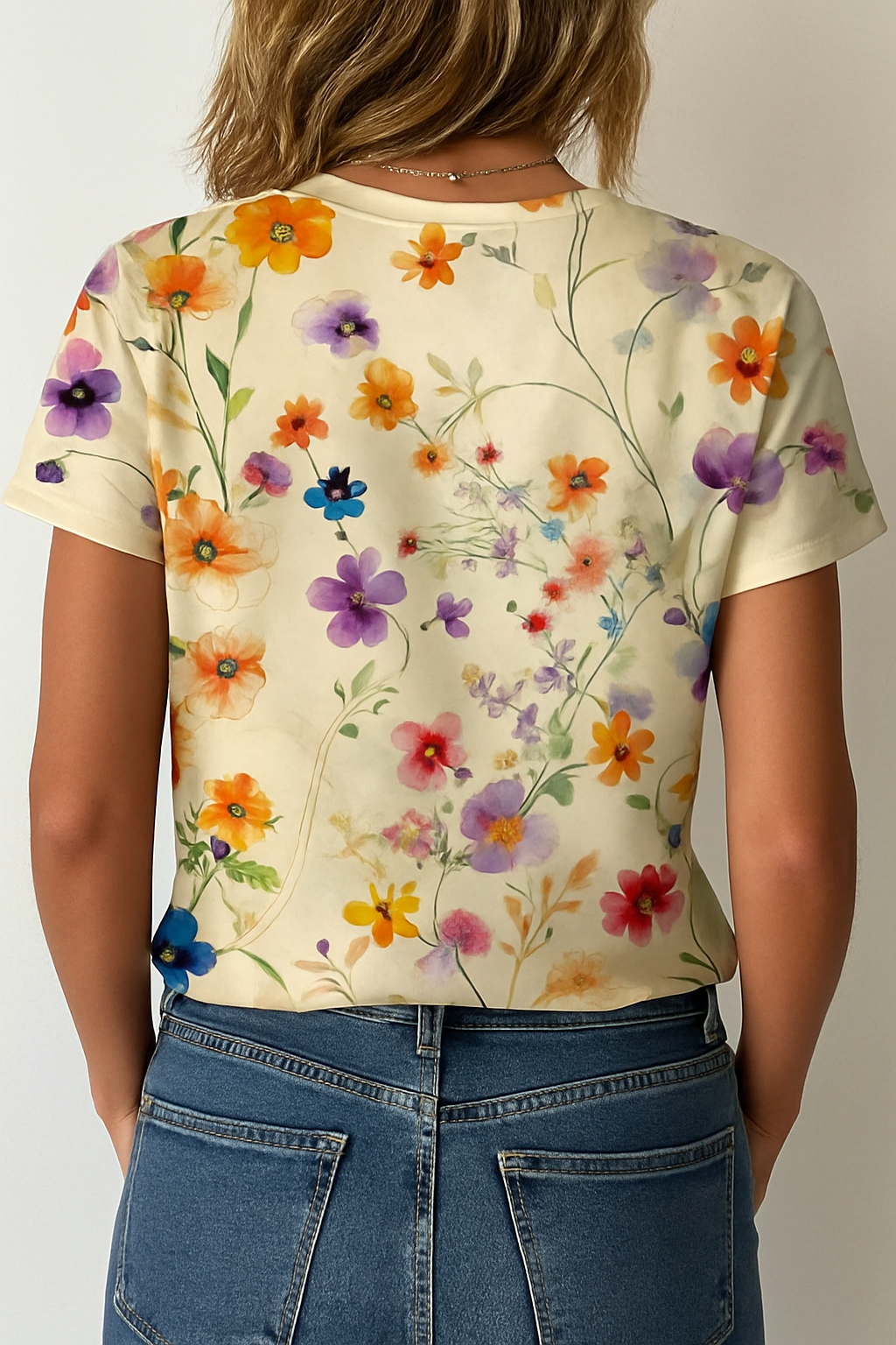 Maglietta donna vintage floreale con scollo rotondo, maniche corte e stampa classica, ideale per un look elegante e casual.