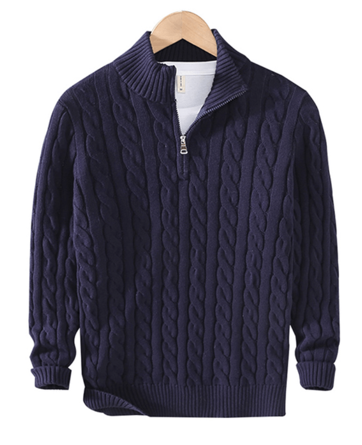 Maglione uomo collo alto, lavorazione a trecce, mezza zip; calore e stile per l'inverno, design moderno ed elegante.