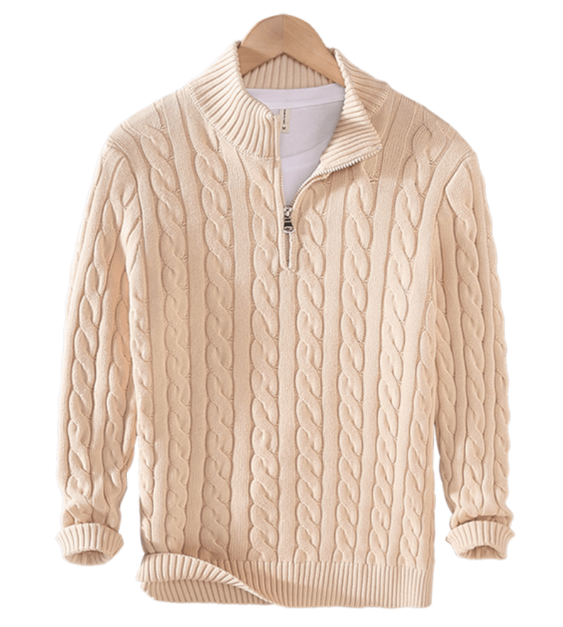 Maglione uomo collo alto, lavorazione a trecce, mezza zip; calore e stile per l'inverno, design moderno ed elegante.