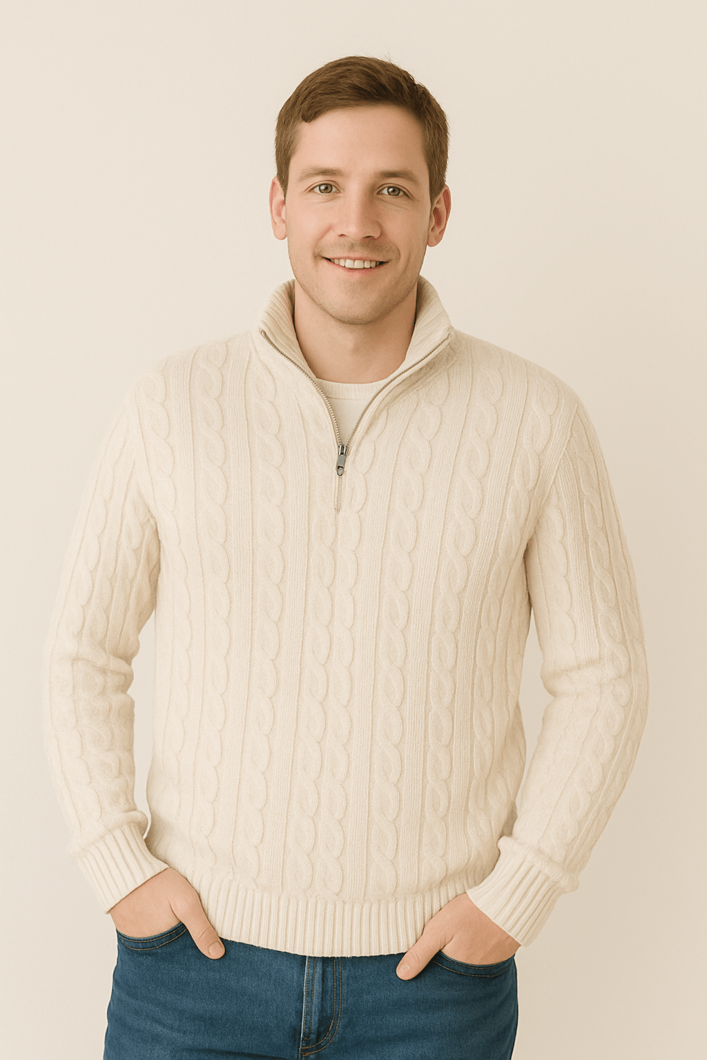 Maglione uomo collo alto, lavorazione a trecce, mezza zip; calore e stile per l'inverno, design moderno ed elegante.