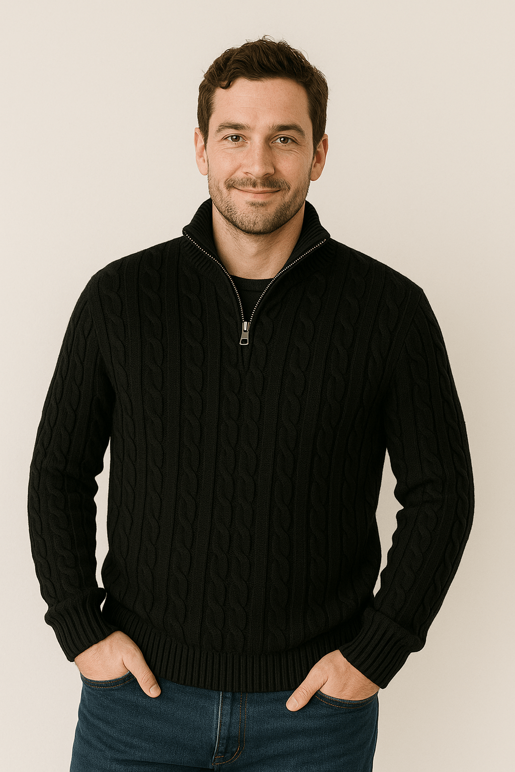 Maglione uomo collo alto, lavorazione a trecce, mezza zip; calore e stile per l'inverno, design moderno ed elegante.