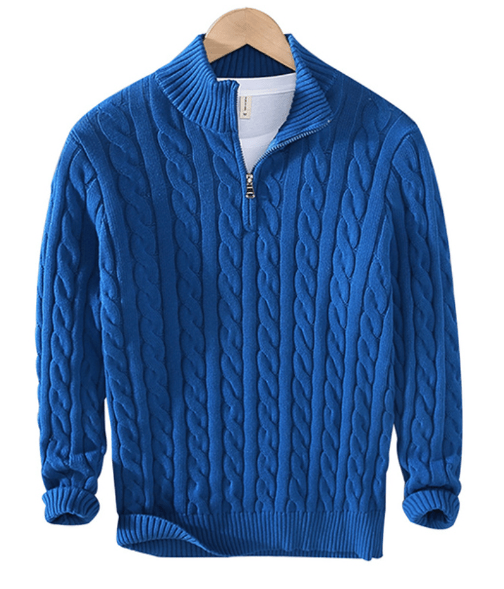 Maglione uomo collo alto, lavorazione a trecce, mezza zip; calore e stile per l'inverno, design moderno ed elegante.