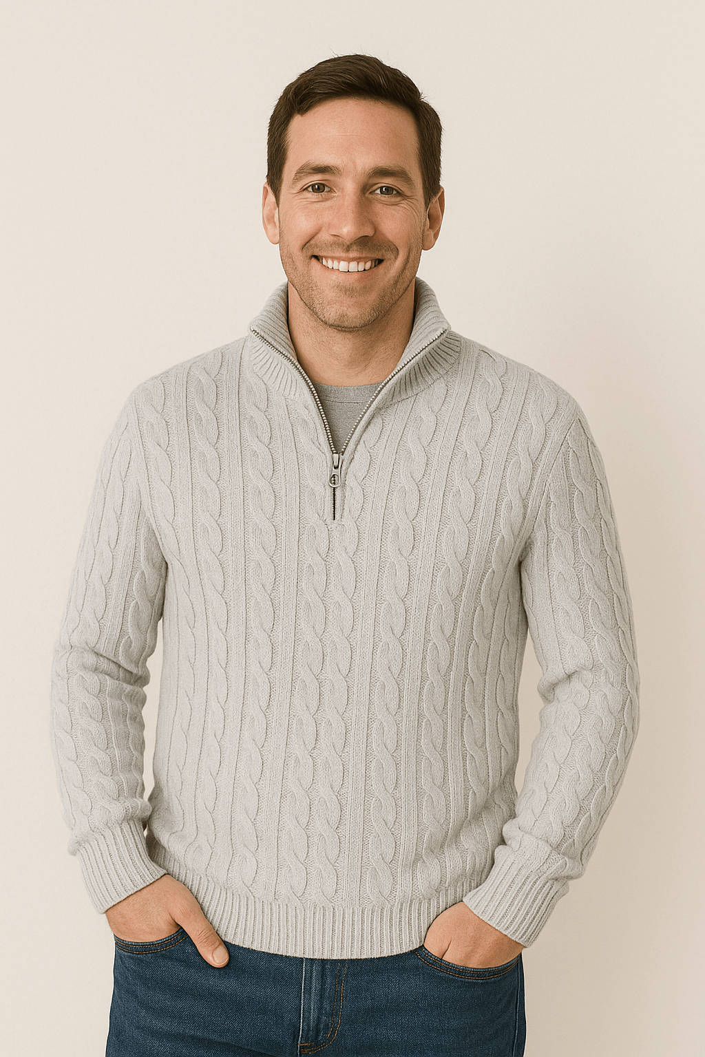 Maglione uomo collo alto, lavorazione a trecce, mezza zip; calore e stile per l'inverno, design moderno ed elegante.