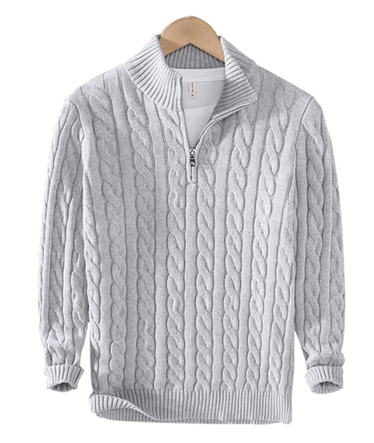 Maglione uomo collo alto, lavorazione a trecce, mezza zip; calore e stile per l'inverno, design moderno ed elegante.