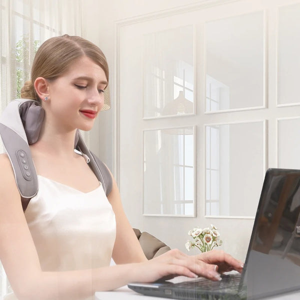 Massaggiatore smart per collo e spalle, design ergonomico, terapia del calore, portatile, allevia tensioni muscolari.