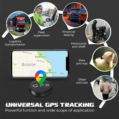 Mini GPS Tracker magnetico nero, compatto e portatile, per tracciamento in tempo reale e facile montaggio su superfici metall